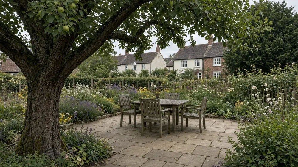 Example image: a buff sandstone patio under an apple tree