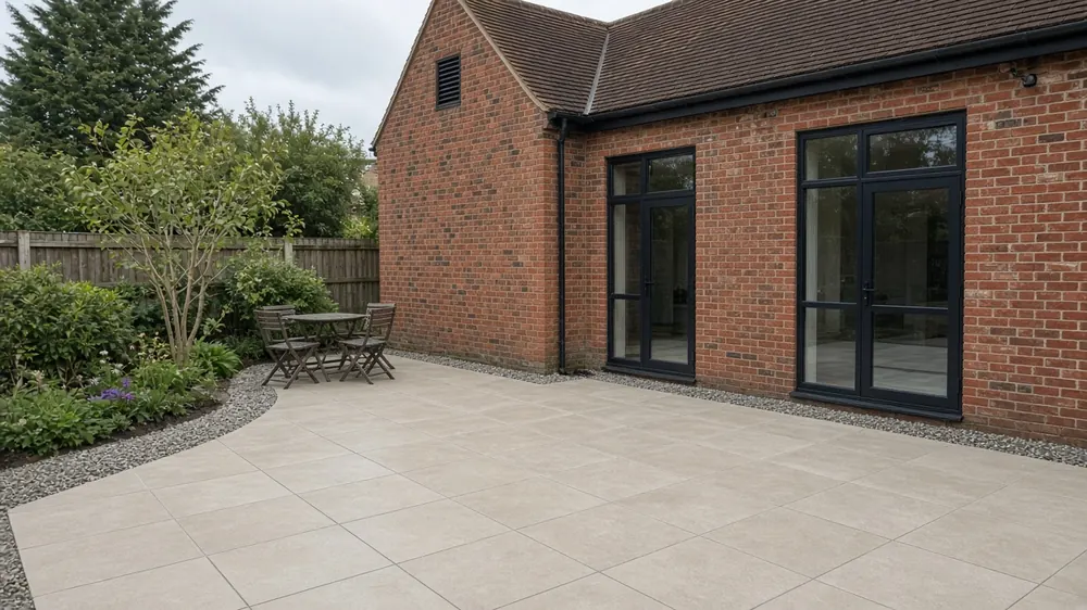 Example image: a plank-format porcelain patio beside a brick barn conversion